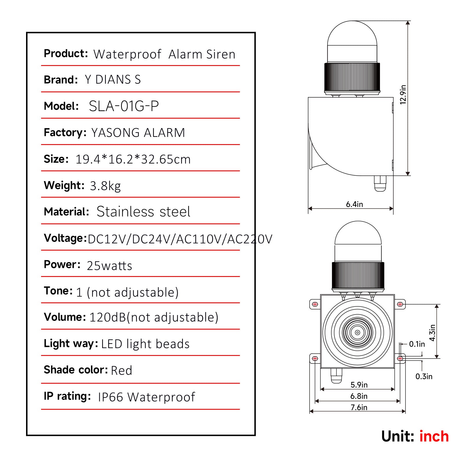 YASONG Sirène d'alarme extérieure en acier inoxydable IP66 étanche 120 dB Sirène de sécurité avec lumière stroboscopique pour usine, bateau, port SLA-01G-P
