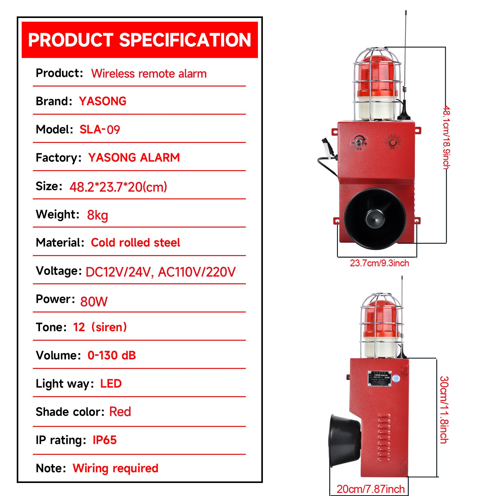 YASONG SLA-09Y-2000 130dB Remote Control Siren, 2000m Range, 80W, 12 Tones, IP65, USB Audio, LED Strobe