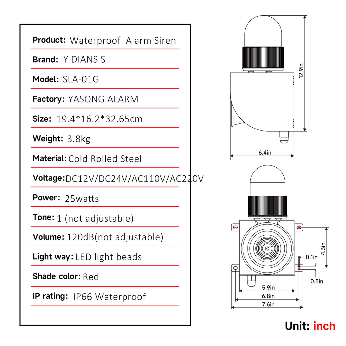 Sirena de alarma industrial para exteriores YASONG, sirena de seguridad de 120dB con bocina, resistente al agua IP66, con luz estroboscópica para fábricas, puertos, muelles, embalses, astilleros SLA-01G