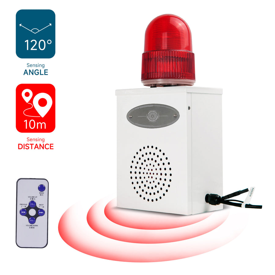 YASONG SLA-B02W 120dB Motion Detection Siren, 25W, 12 Tones, 10m Sensor, IP65, USB Audio, LED Strobe