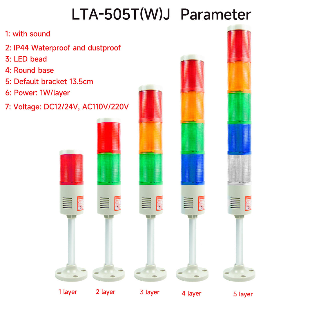YASONG LTA-505T/W(J) LED Stack Tower Light, 1-5 Layers, IP44, Round Base, 90dB/No Sound, Steady/Strobe
