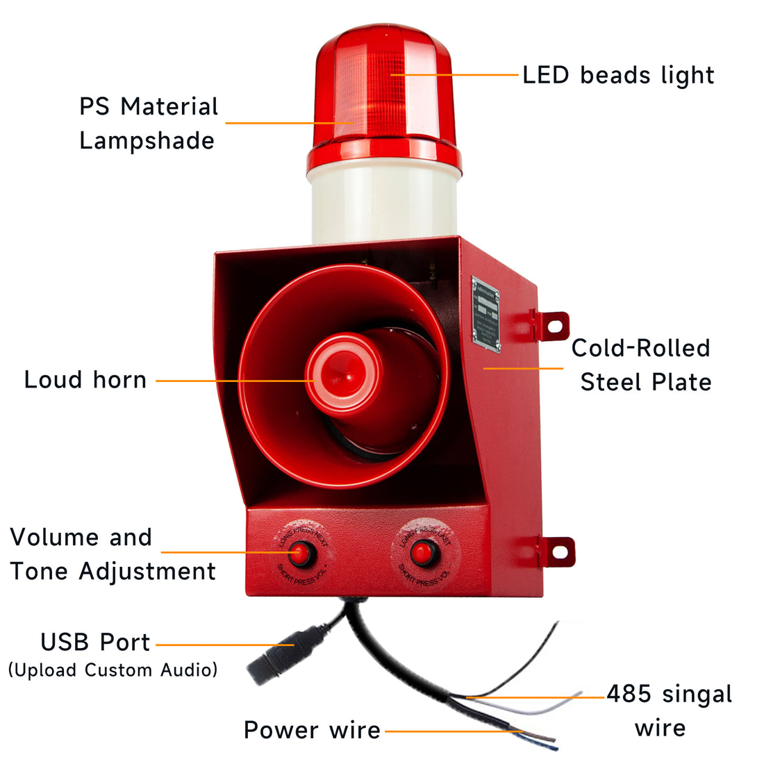 Sirène d'alarme étanche avec protocole de communication réseau RS-485, réglable de 0 à 130 dB, système d'alarme avec lumière stroboscopique LED pour entrepôt industriel, atelier SLA-05BX