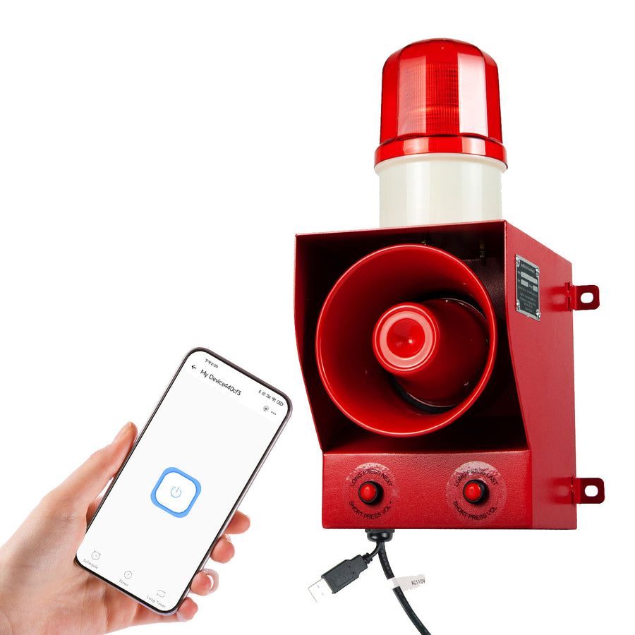 YASONG SLA-05BWIFI 130dB WiFi App Control Siren, 45W, 12 Tones, IP65, 2.4GHz WiFi, USB Upload, LED Strobe