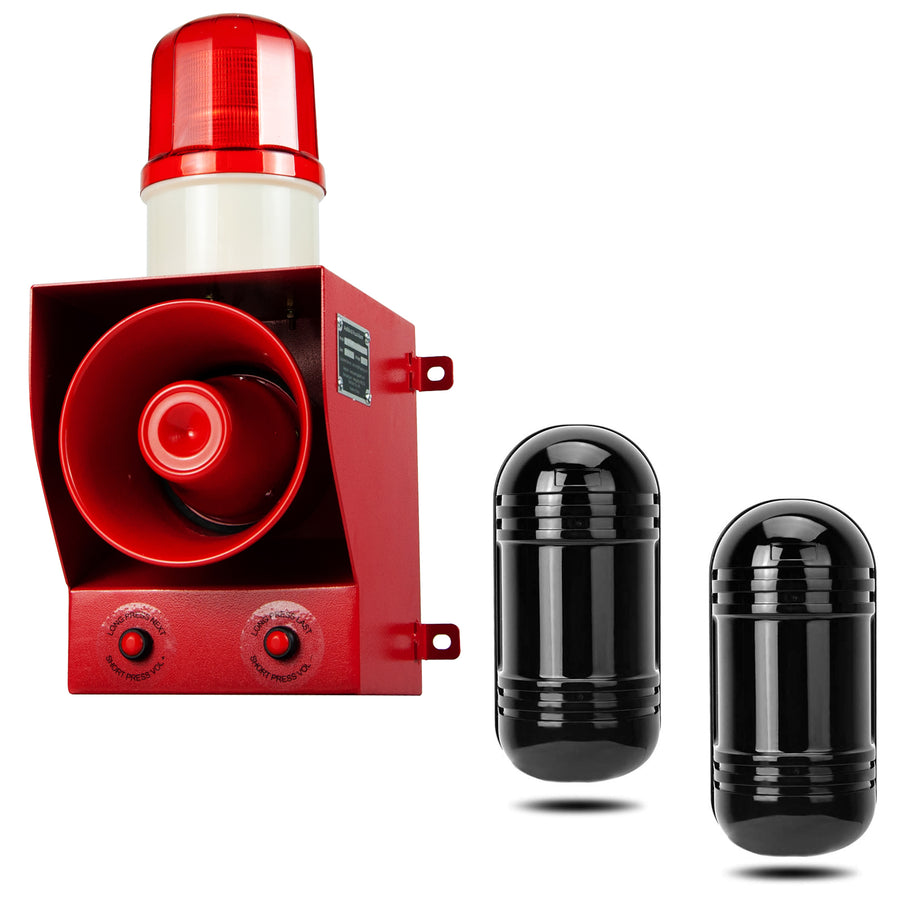 YASONG SLA-15B1+ABT100 130dB Dry Contact Infrared Beam Alarm Kit, 100m Detector, 45W, IP65, USB Audio