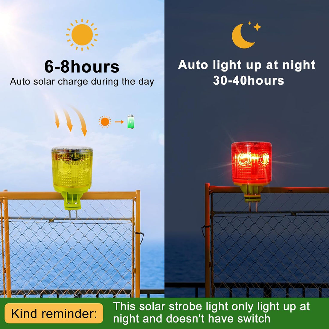 YASONG Solar LED Industrial Strobe Warning Light, IP54 Outdoor Safety Beacon, 6 LEDs, Auto Night Flashing