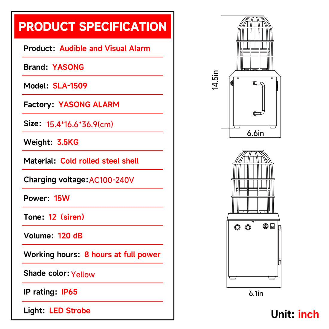 YASONG SLA-1509 Portable Rechargeable Outdoor Alarm Siren 120dB