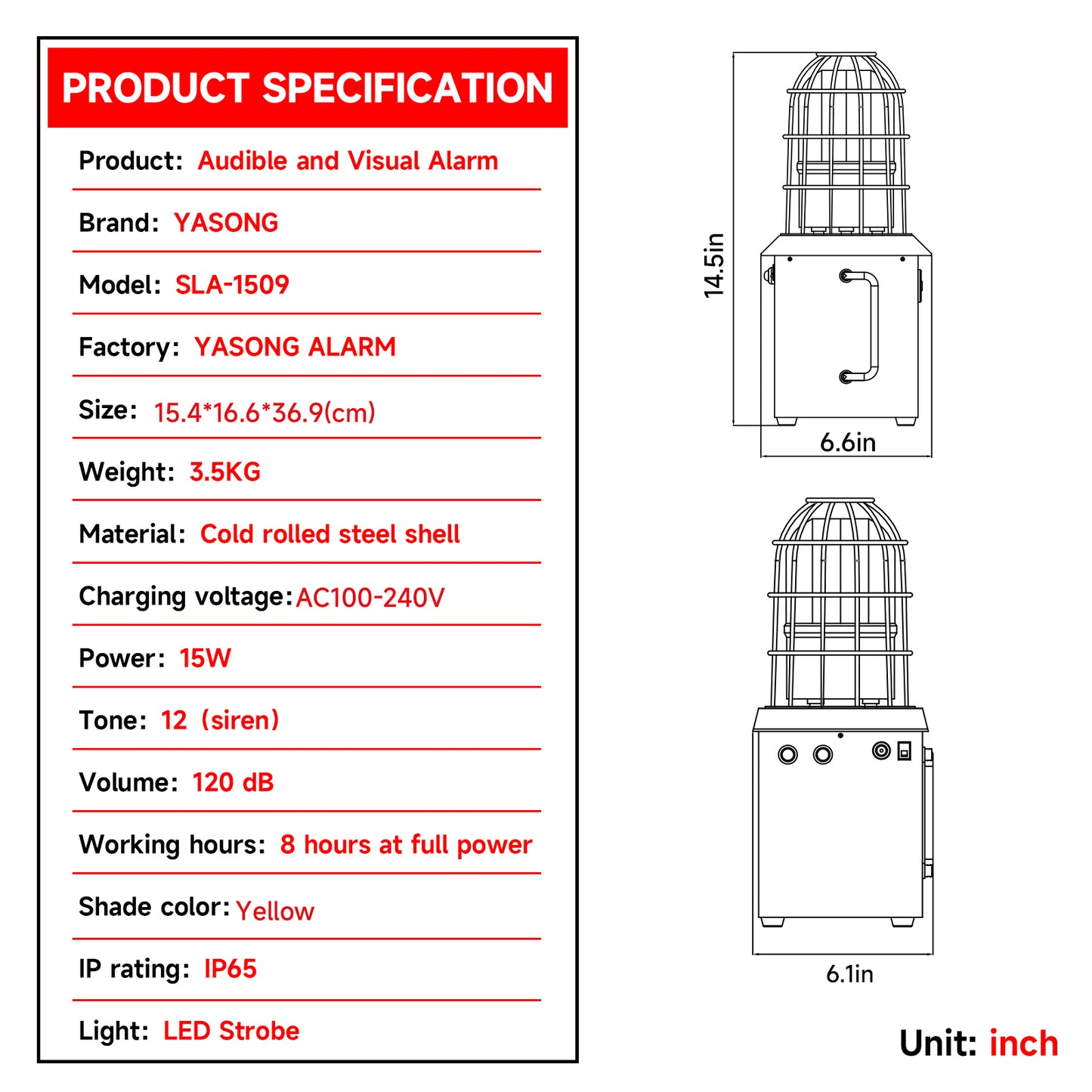 YASONG Portable Rechargeable Outdoor Alarm Siren 120dB Horn 15W Outdoor Siren with 5000mAh, Adjust Sound and Tone for Crane, Ports, Outdoor Constructionv Emergency Warning AC100-240V SLA-1509