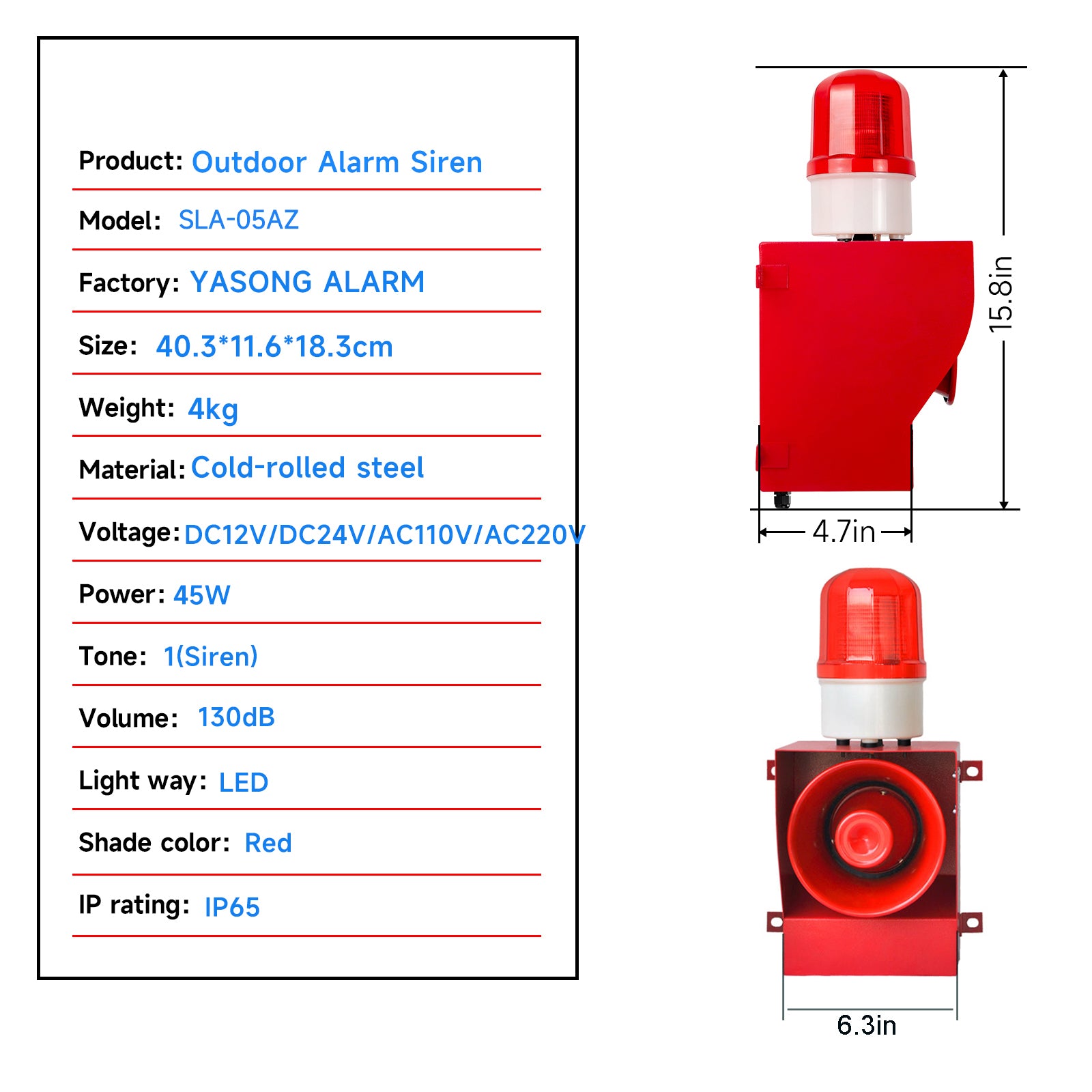 Sirena de alarma YASONG con caja de control de botón, bocina de 130 dB, sistema de alarma de emergencia de 45 W, sirena estroboscópica para granja, fábrica, puerto, muelle SLA-05AZ