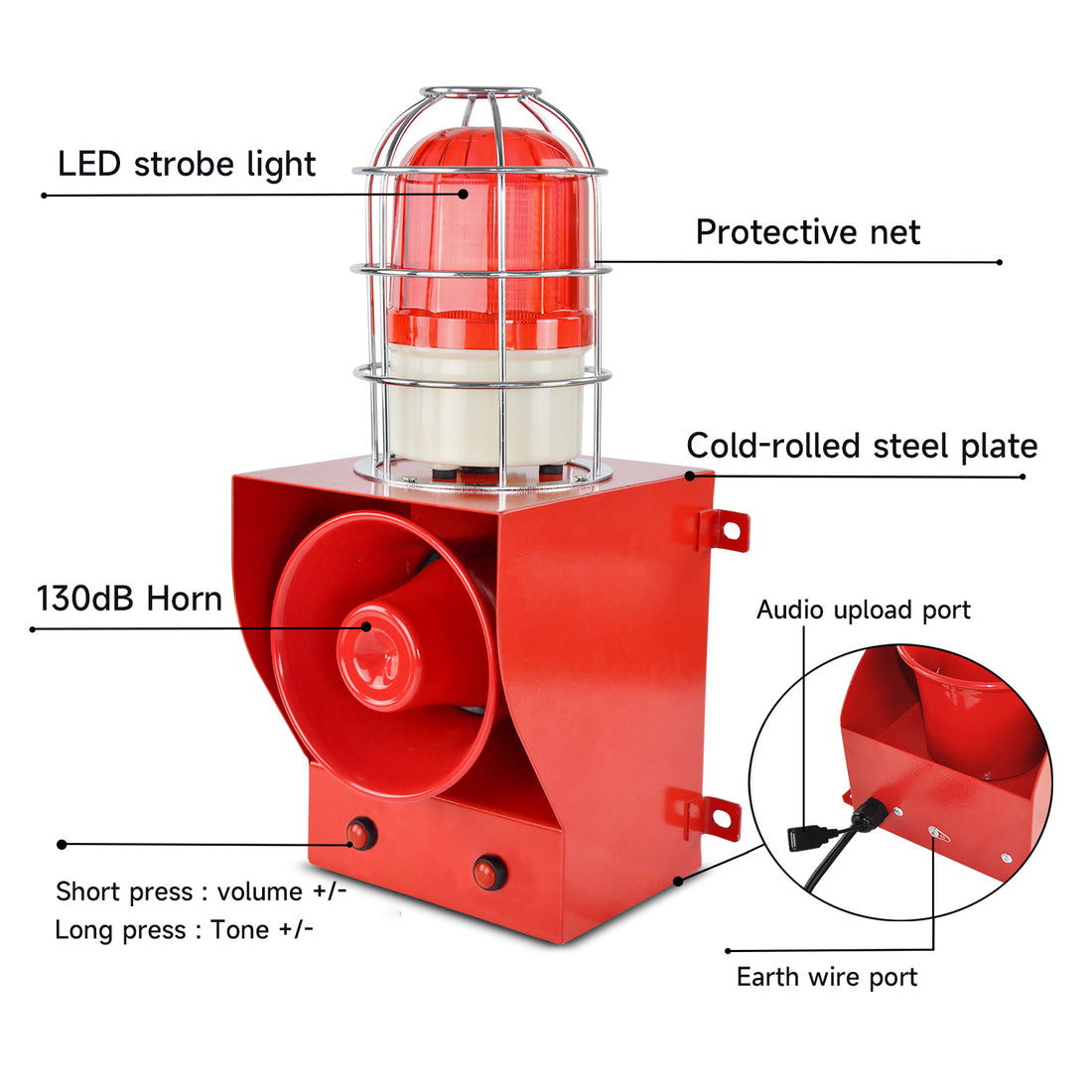 YASONG Alarma de sirena con caja de control de botón, claxon ajustable de 130 dB, 45 W, sirena de seguridad industrial impermeable para interiores y exteriores con luz de baliza roja SLA-05CZ