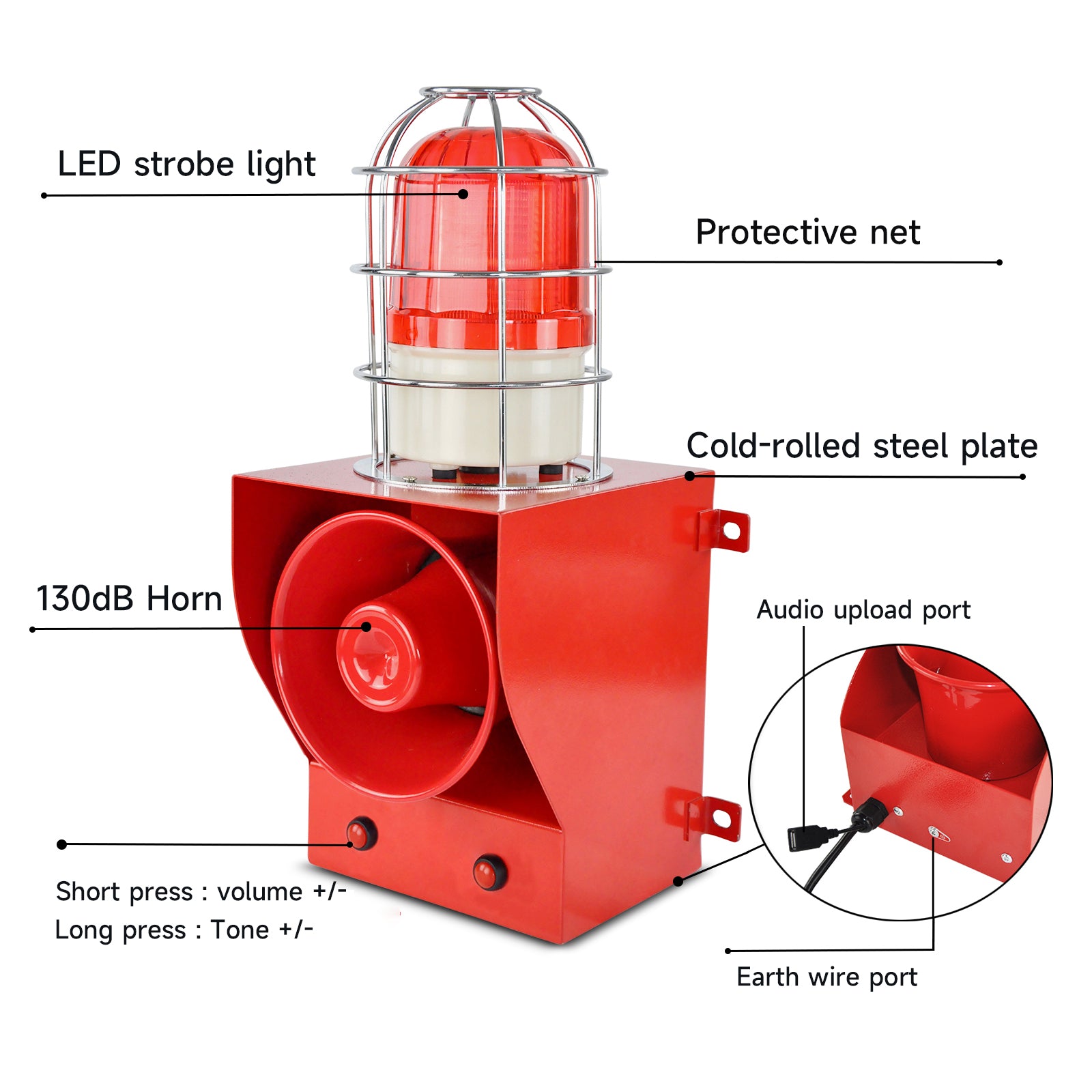 YASONG Alarma de sirena con caja de control de botón, claxon ajustable de 130 dB, 45 W, sirena de seguridad industrial impermeable para interiores y exteriores con luz de baliza roja SLA-05CZ
