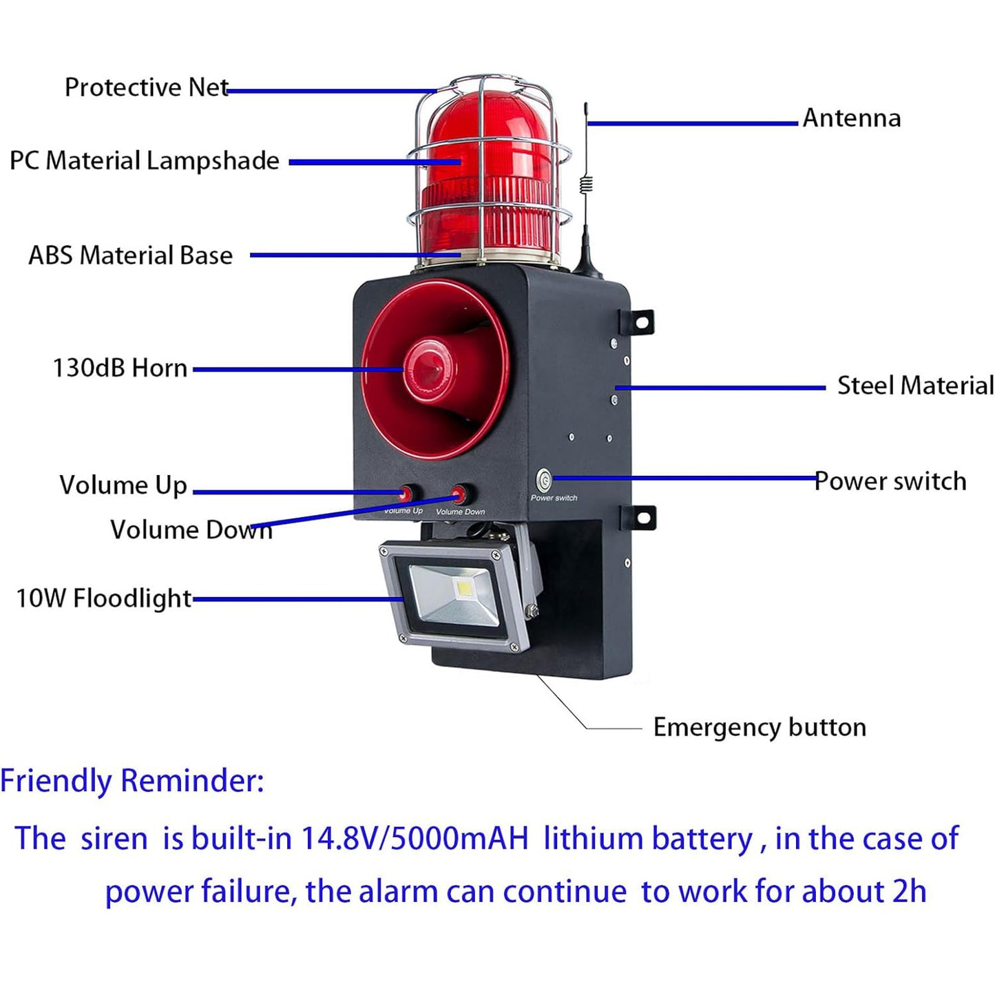 Wireless Outdoor Security Alarm Siren with 130dB Horn Strobe light Floodlight 2000m Remote Control Distance Tornado, Fire, Earthquake Emergency Siren SLA-SD500-Y