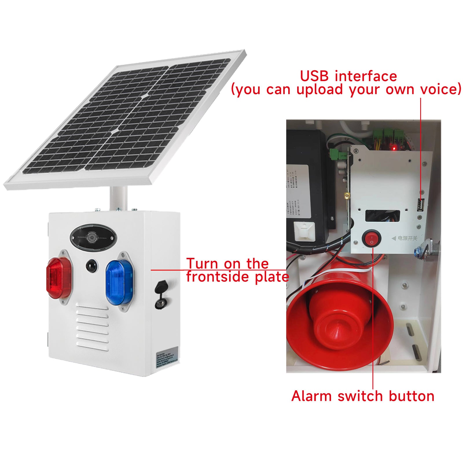 YASONG SLA-TYN02 120dB Solar Motion Sensor Industrial Alarm Siren, Red Blue Strobe, IP65, USB Sound Upload