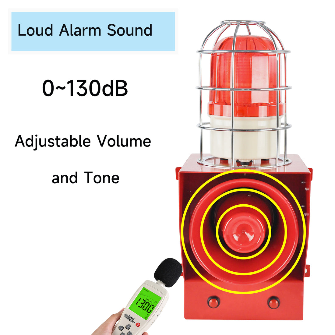 YASONG Alarma de sirena con caja de control de botón, claxon ajustable de 130 dB, 45 W, sirena de seguridad industrial impermeable para interiores y exteriores con luz de baliza roja SLA-05CZ