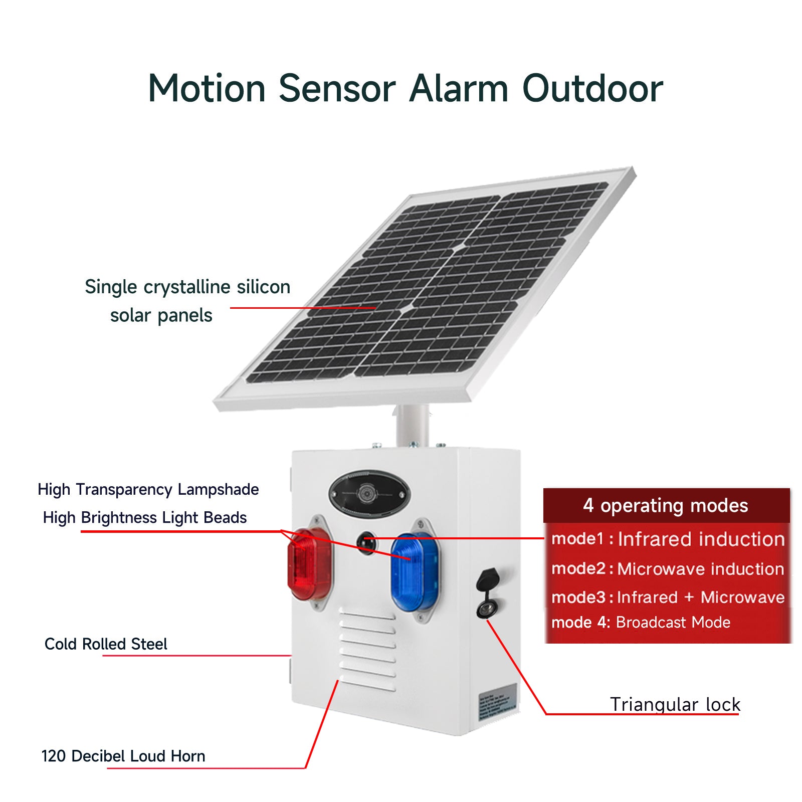 YASONG SLA-TYN02 120dB Solar Motion Sensor Industrial Alarm Siren, Red Blue Strobe, IP65, USB Sound Upload