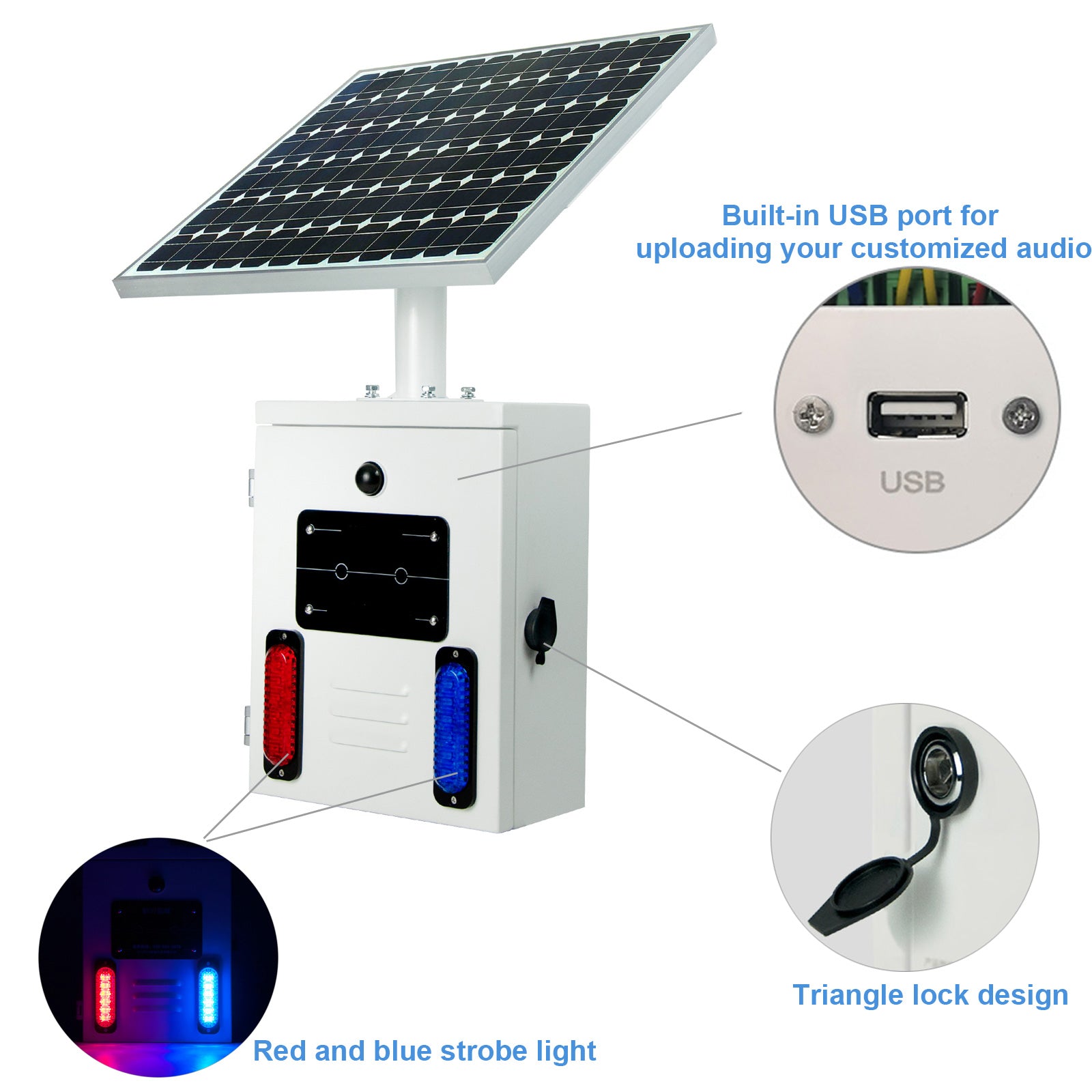 YASONG SLA-TYN01 120dB Solar Motion Sensor Industrial Alarm Siren, Red Blue Strobe, IP65, 17 Tones