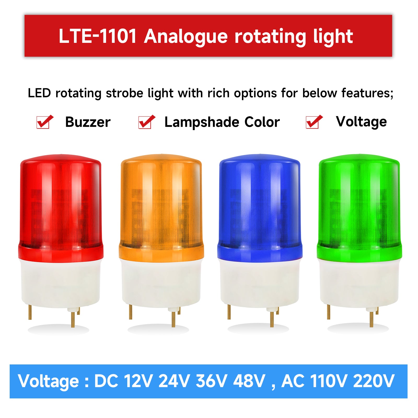 YASONG LTE-1101MJ Revolving LED Beacon Warning Light, 90dB Buzzer, IP44, 3W, Screw Mount