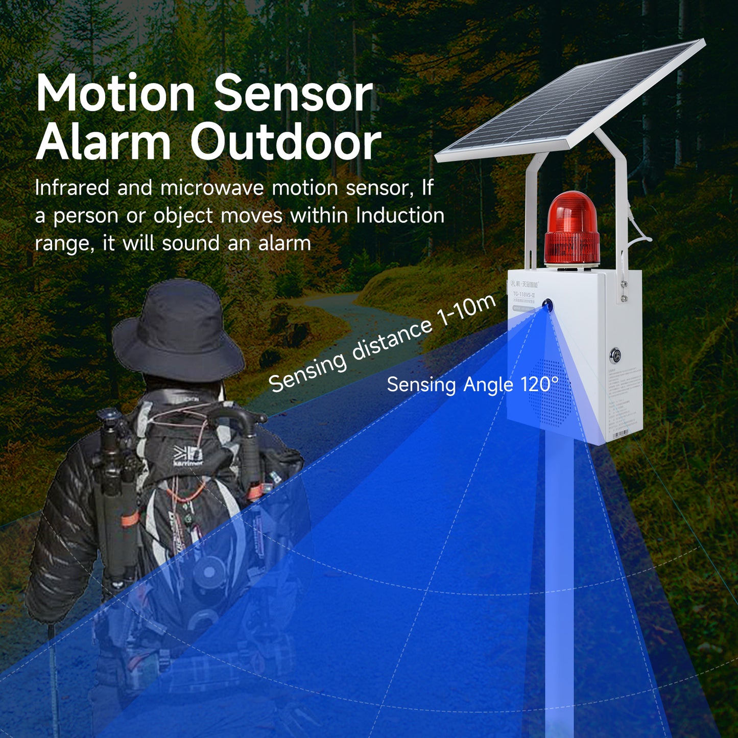 YASONG Solar Motion Sensor Alarm Siren Waterproof Outdoor Motion Detector Sirens with Strobe Light, 120dB Horn 17 Tones Adjustable Microwave Infrared Induction Alarm System SLA-118VS-II