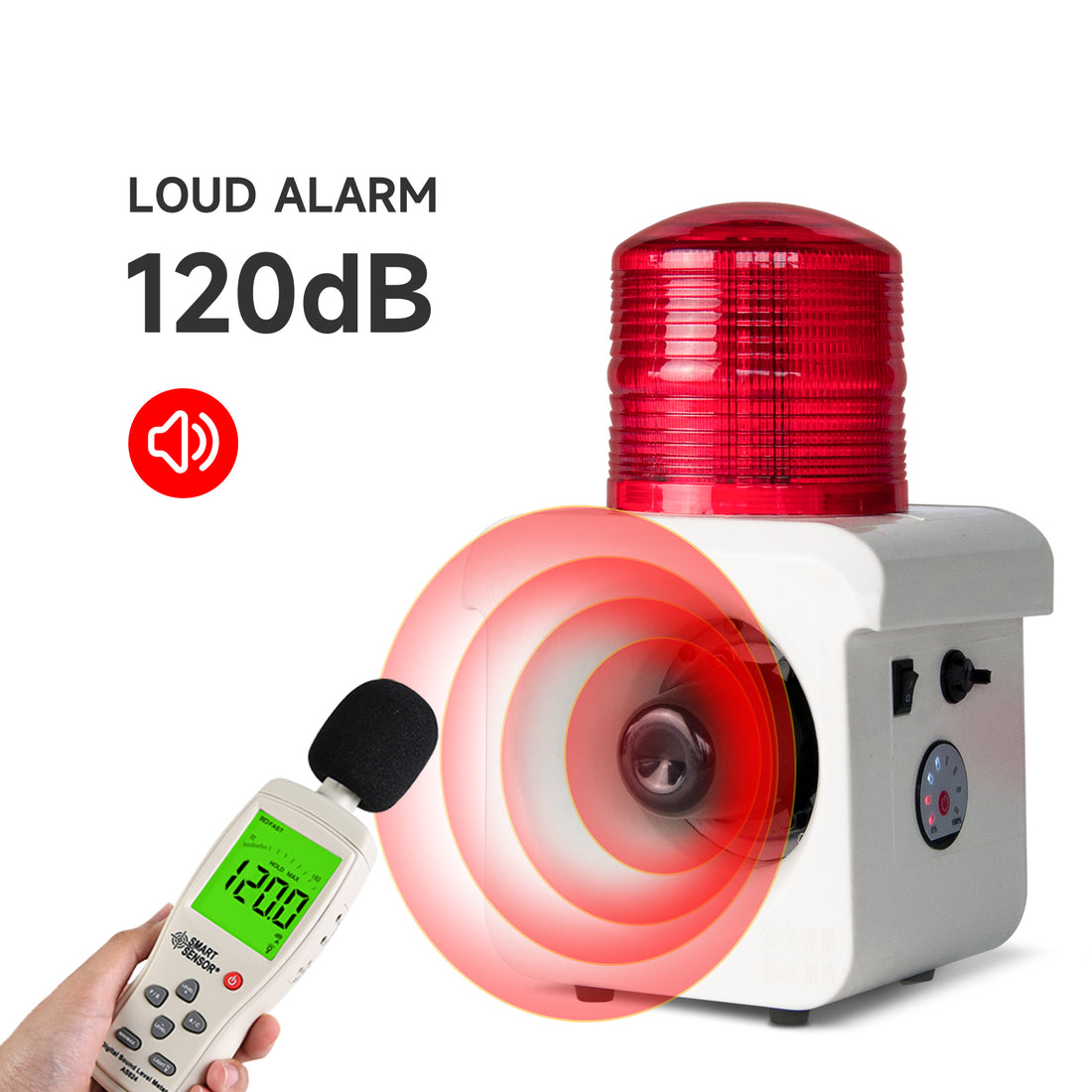 YASONG Alarme portable avec détecteur de mouvement, rechargeable, étanche, 120 dB, 12 tonalités réglables, détecteur de mouvement, sirènes stroboscopiques LED pour maison, ferme, atelier, AC100-240V SLA-800BW