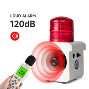 YASONG Alarme portable avec détecteur de mouvement, rechargeable, étanche, 120 dB, 12 tonalités réglables, détecteur de mouvement, sirènes stroboscopiques LED pour maison, ferme, atelier, AC100-240V SLA-800BW