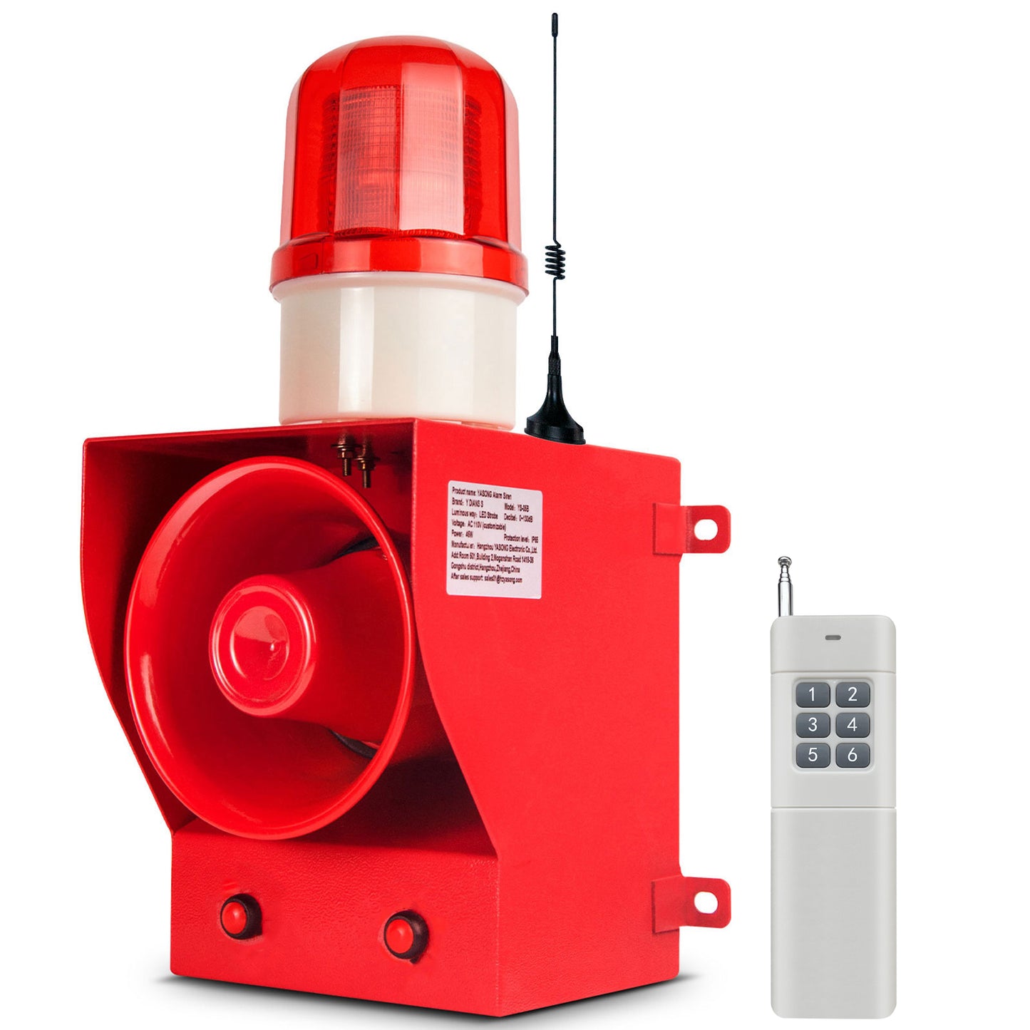 YASONG 500m Wireless Remote Control Siren Alarm Outdoor 130dB Loud Horn Waterproof Industrial Security Siren LED Strobe Warning Light Tone Volume Adjustable SLA-05BY-500-6