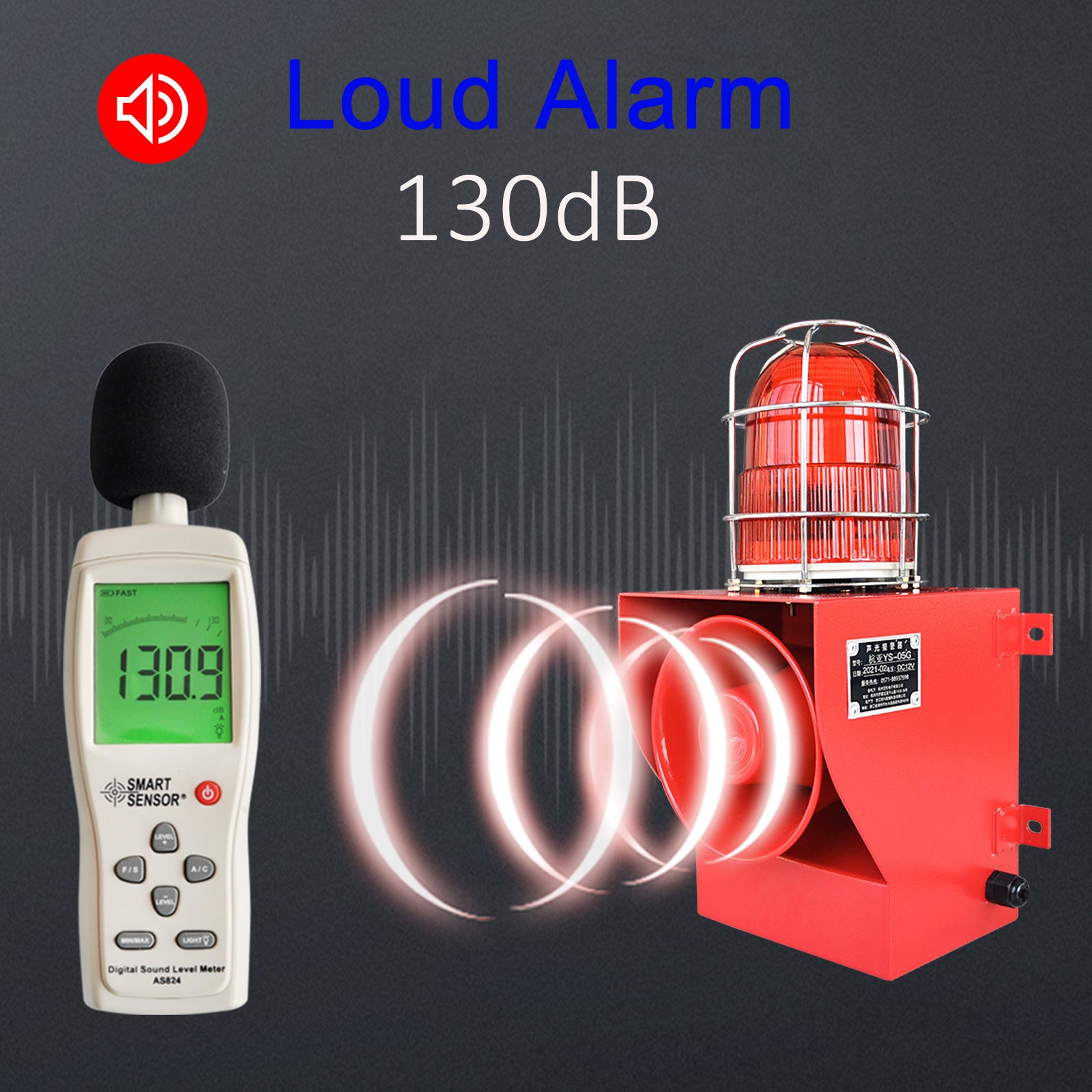 YASONG Sirena de alarma exterior IP66 impermeable anticolisión 130dB Bocina de seguridad con luz estroboscópica para puerto, muelle, fábrica, escuela, hogar SLA-05G