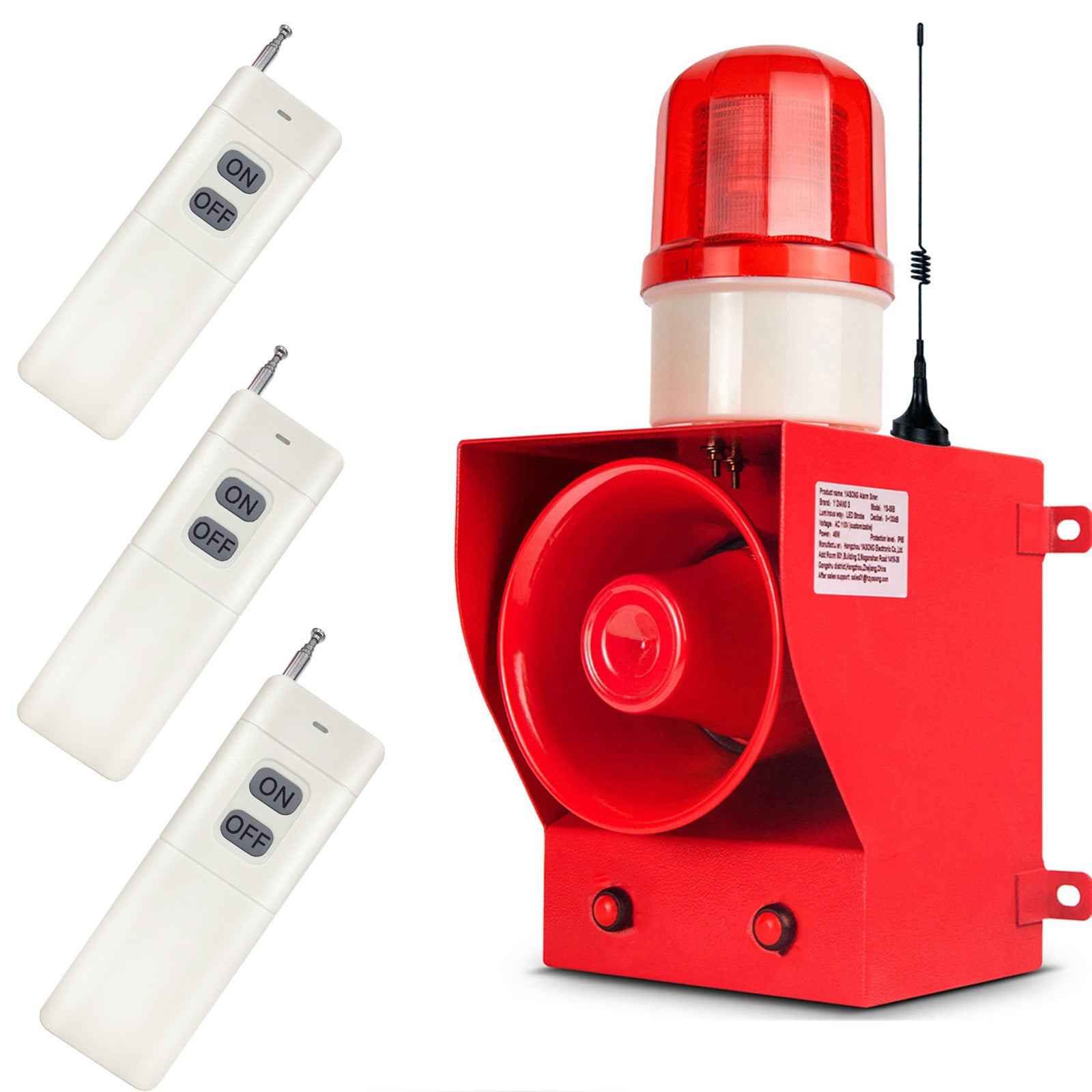 YASONG Sirena de Alarma Inalámbrica con Control Remoto de 2000m/1.24millas con Múltiples Controles Remotos Bocina de 130dB Sistema de Alarma de 45w AC100-120V SLA-05BY-2000