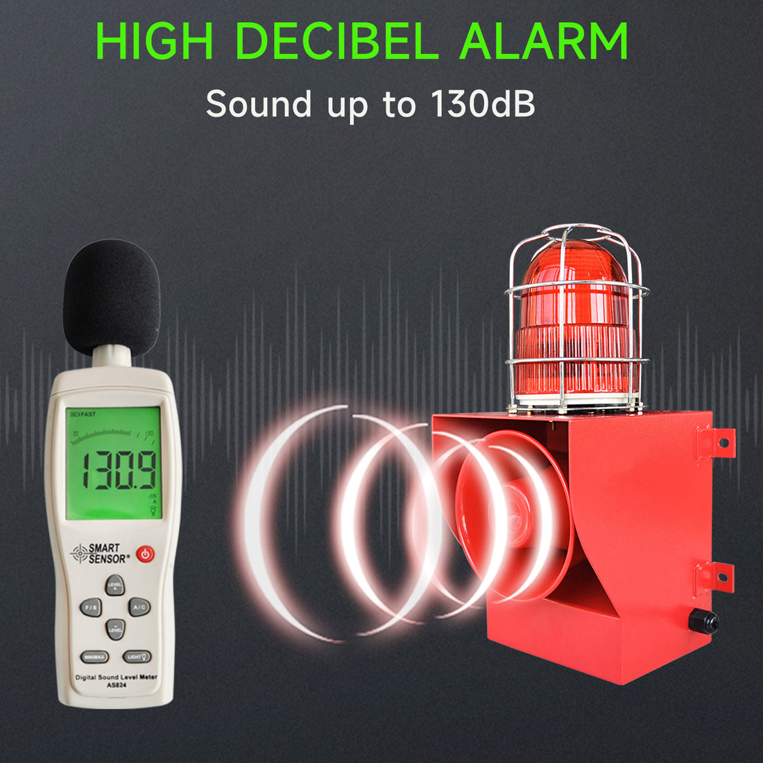 YASONG SLA-05G-P 130dB Stainless Steel Alarm Siren, 45W, IP66 Waterproof, LED Strobe, Wall Mount