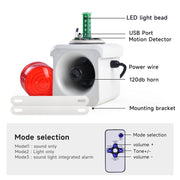 YASONG SLA-800W 120dB Motion Sensor Siren, 15W, 12 Tones, 10m Detection, IP65, USB Audio, LED Strobe