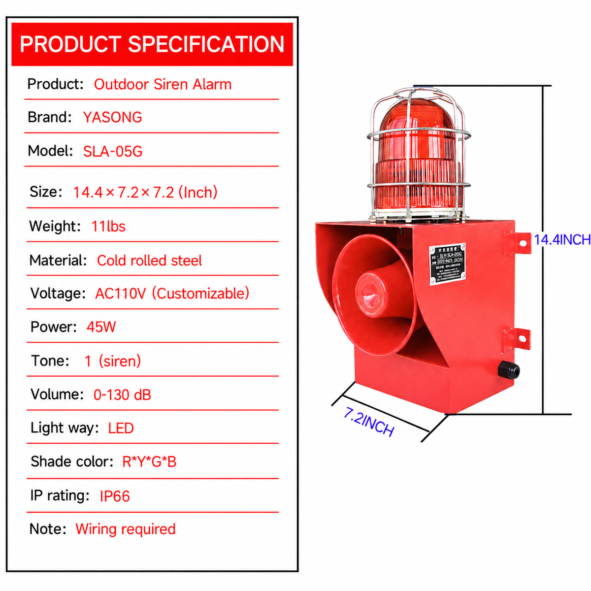 YASONG SLA-05G 130dB Outdoor Industrial Alarm Siren, 45W, Anti-Collision LED Strobe, AC/DC Options
