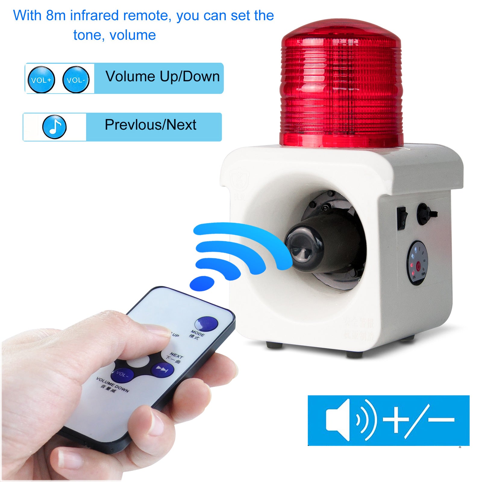 YASONG Alarme portable avec détecteur de mouvement, rechargeable, étanche, 120 dB, 12 tonalités réglables, détecteur de mouvement, sirènes stroboscopiques LED pour maison, ferme, atelier, AC100-240V SLA-800BW