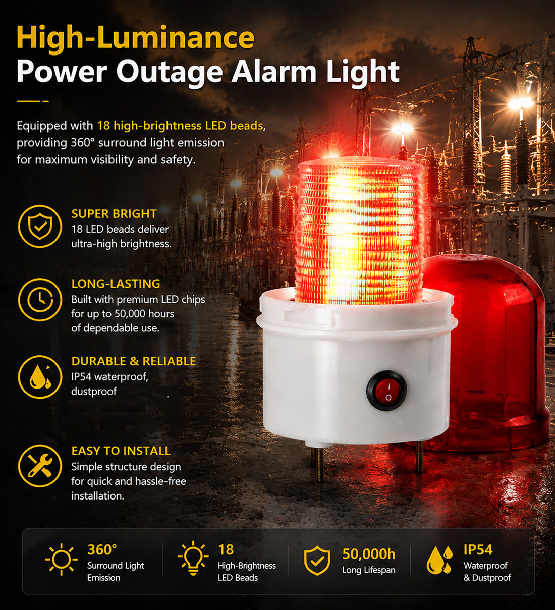 YASONG SLA-1502 Alarm Pemadaman Listrik & Kehilangan Fase 90dB, AC220V/380V, Lampu Strobo LED, IP54, Cadangan Baterai