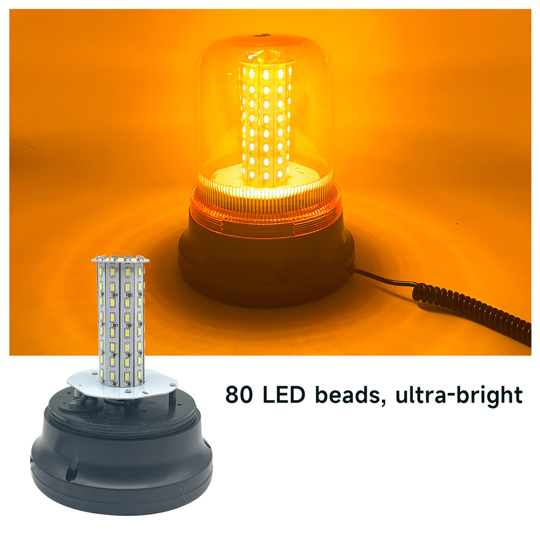 YASONG Amber 80 LED Magnetic Beacon Strobe Light, DC12V-24V, 40W, 2 Flash Modes, Cigarette Plug