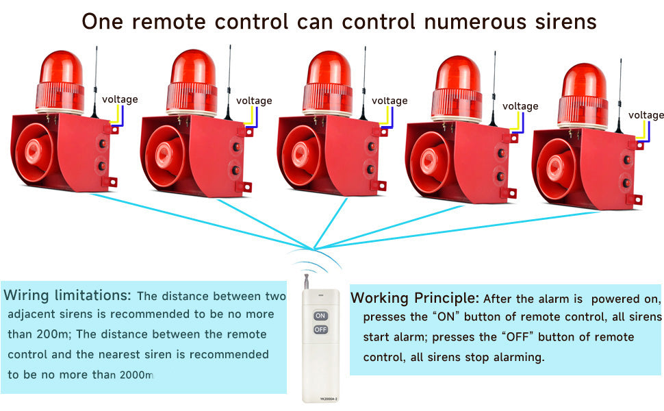 YASONG SLA-01HY-2000-3 120dB Industrial Remote Control Siren, 3 Remotes, 2000m Range, 25W, IP65, USB Audio, LED Strobe