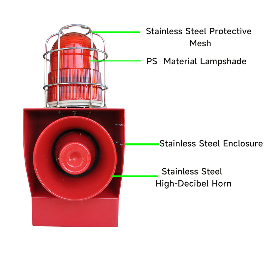 YASONG SLA-05G-P 130dB Stainless Steel Alarm Siren, 45W, IP66 Waterproof, LED Strobe, Wall Mount