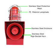 YASONG SLA-05G-P 130dB Stainless Steel Alarm Siren, 45W, IP66 Waterproof, LED Strobe, Wall Mount