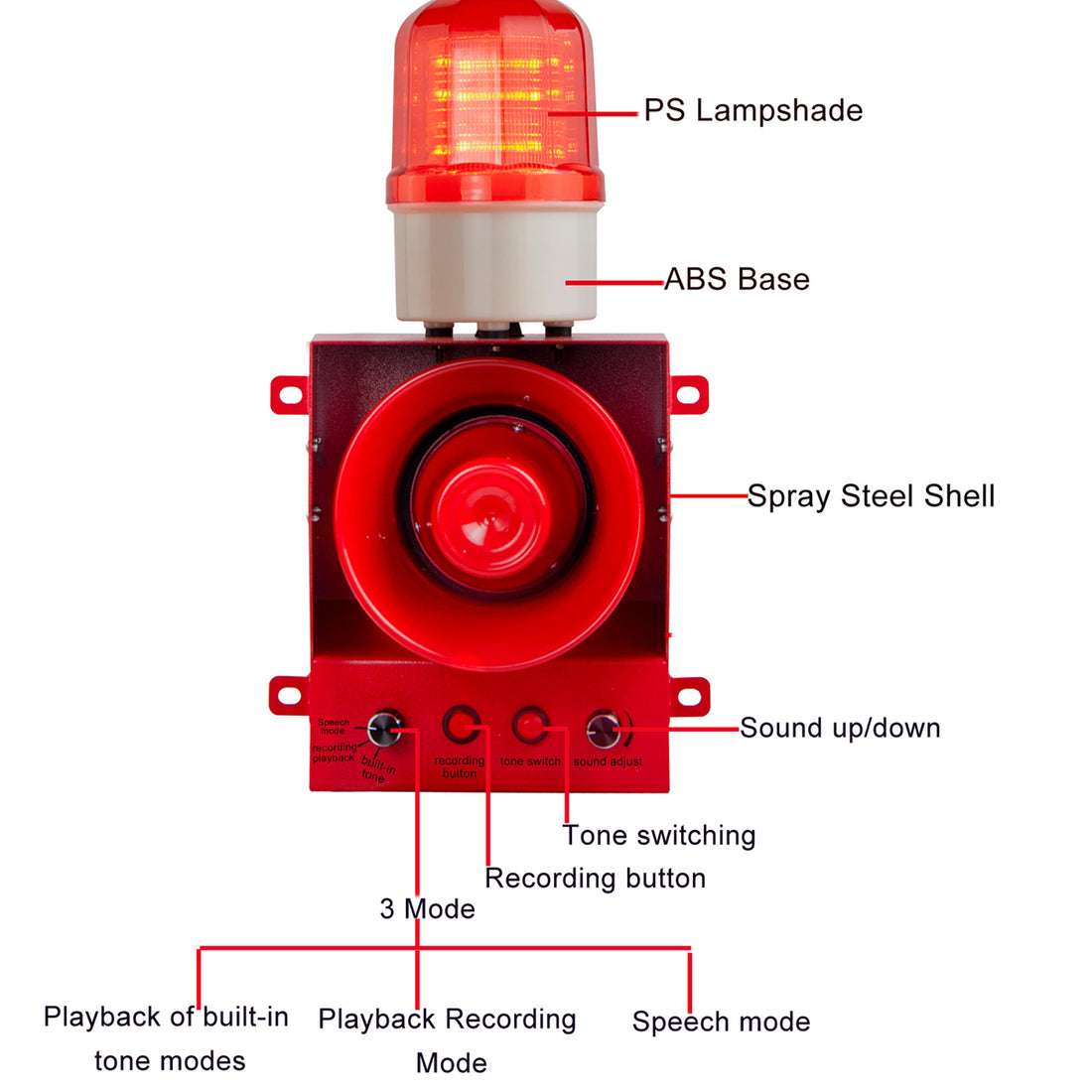 YASONG SLA-3100 130dB Recordable Industrial Alarm Siren, 30W, Microphone Speech Mode, IP65, LED Strobe