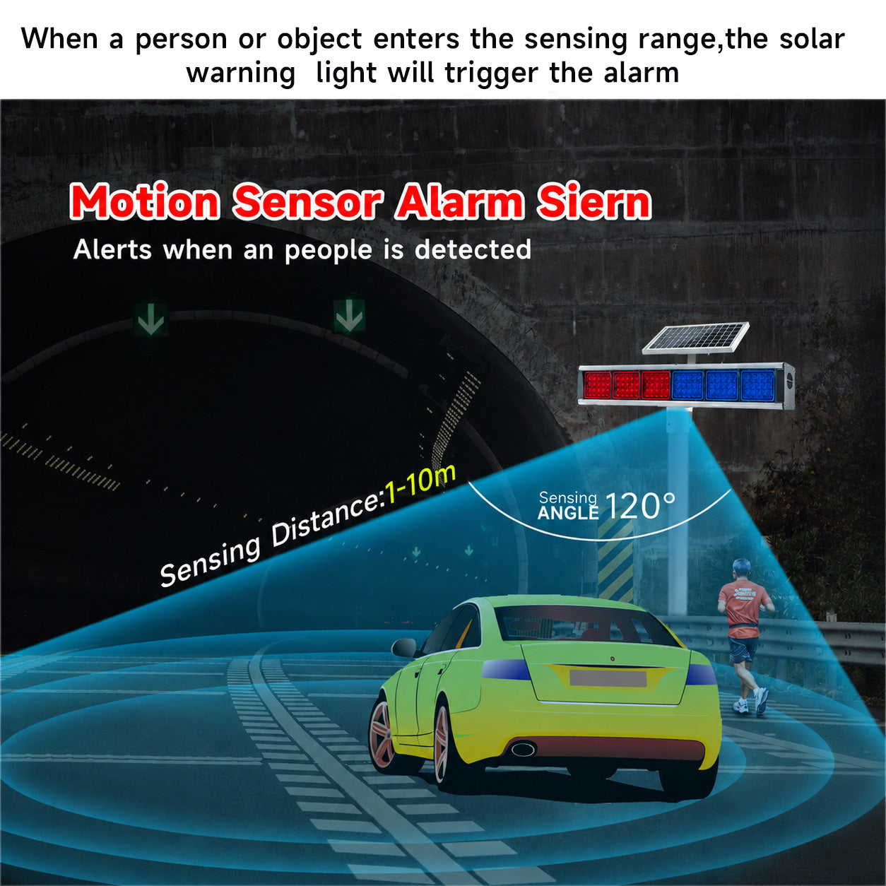 YASONG SLA-X06W 30W Solar Motion Detection Industrial Warning Light, Double-Sided Red Blue Strobe, IP65 Waterproof, 10AH Lithium Battery