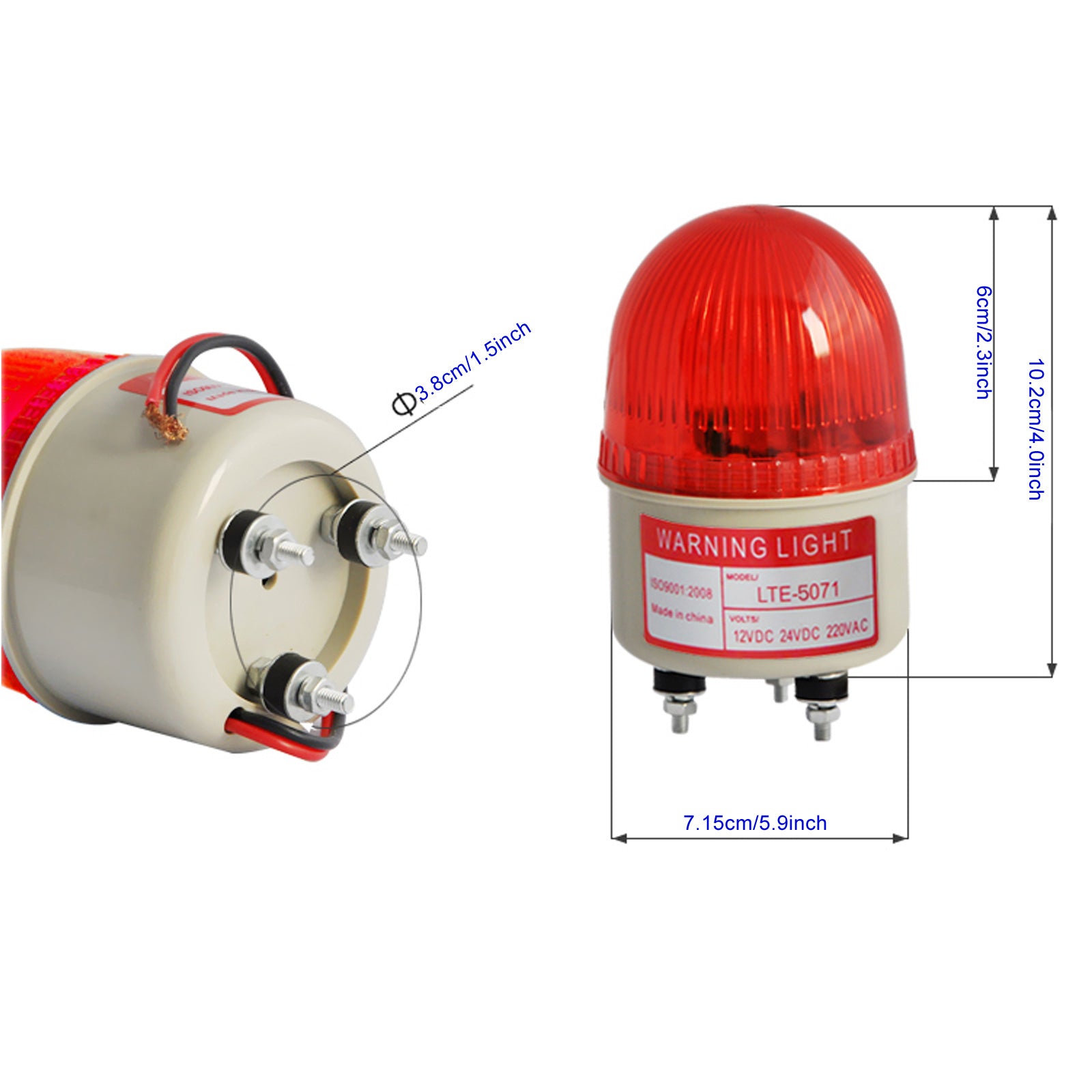 YASONG LTE-5071J LED Strobe Beacon Warning Light, 90dB Buzzer, 3W, IP44, Bolt Base, DC/AC Options