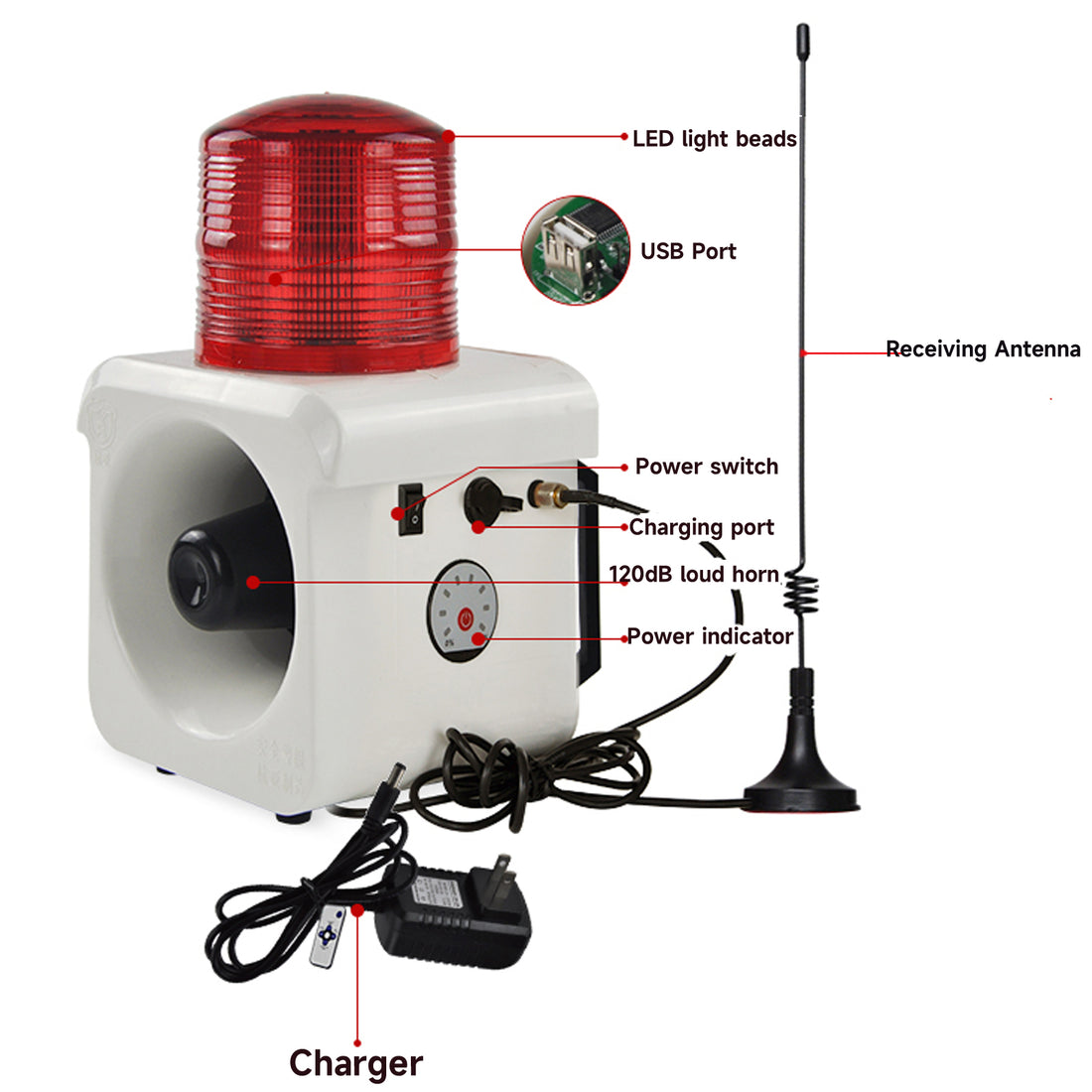 YASONG SLA-800BY 120dB Portable Rechargeable Remote Siren, 500m Range, 2600mAh Battery, 12 Tones, IP65