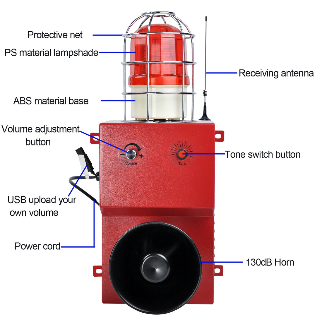 YASONG SLA-09Y-2000 130dB Remote Control Siren, 2000m Range, 80W, 12 Tones, IP65, USB Audio, LED Strobe
