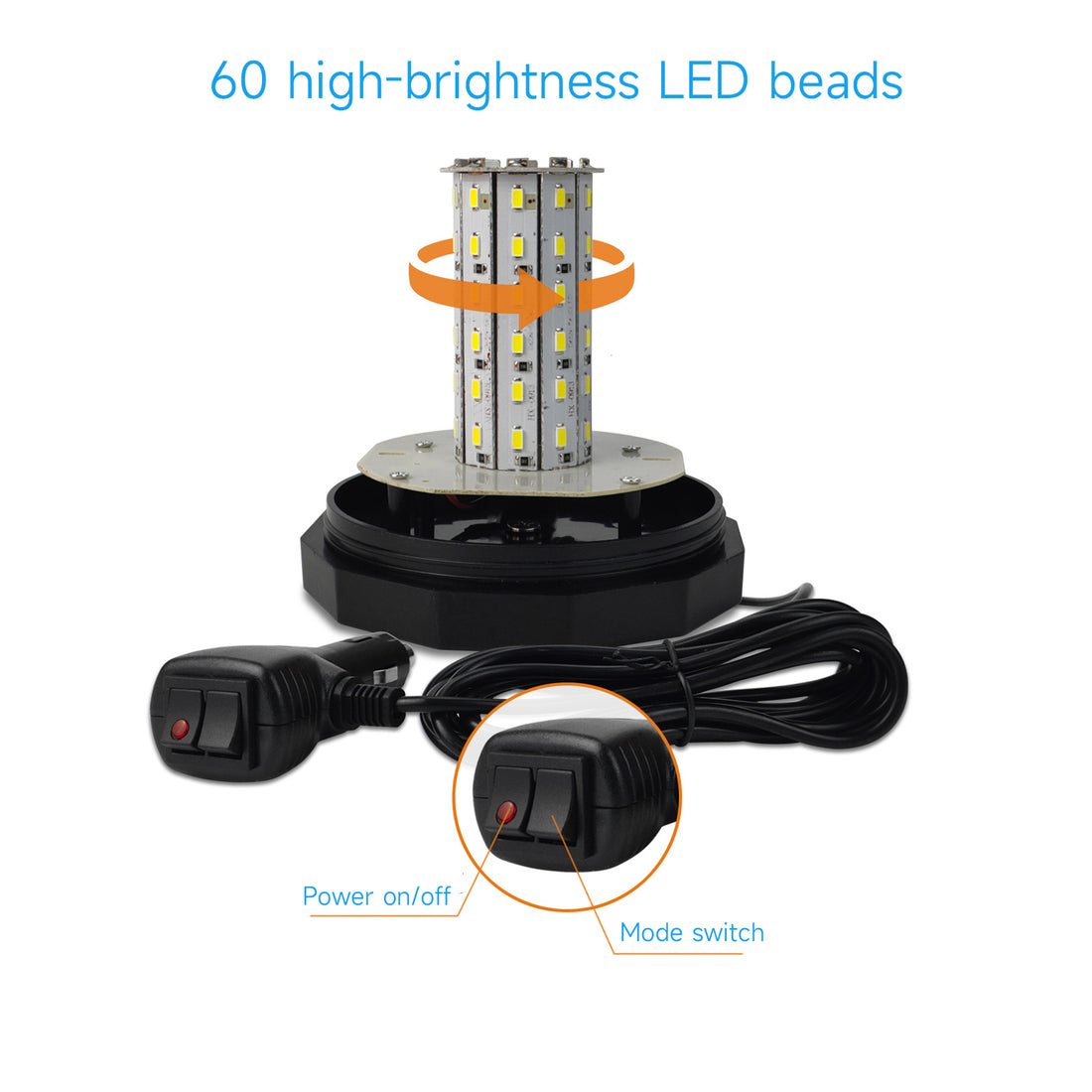 YASONG 60 LED Magnetic Beacon Strobe Light, DC12V-24V, 30W, IP65, 3 Flash Modes, Vehicle Warning Light