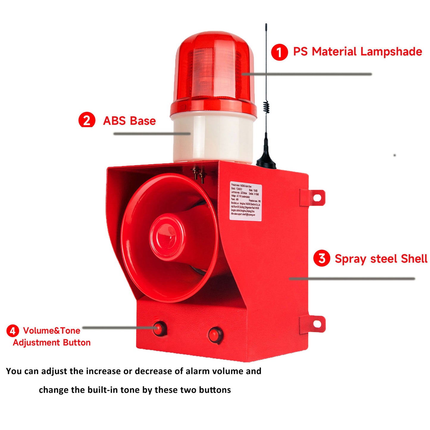 YASONG 500m Wireless Remote Control Siren Alarm Outdoor 130dB Loud Horn Waterproof Industrial Security Siren LED Strobe Warning Light Tone Volume Adjustable SLA-05BY-500-6
