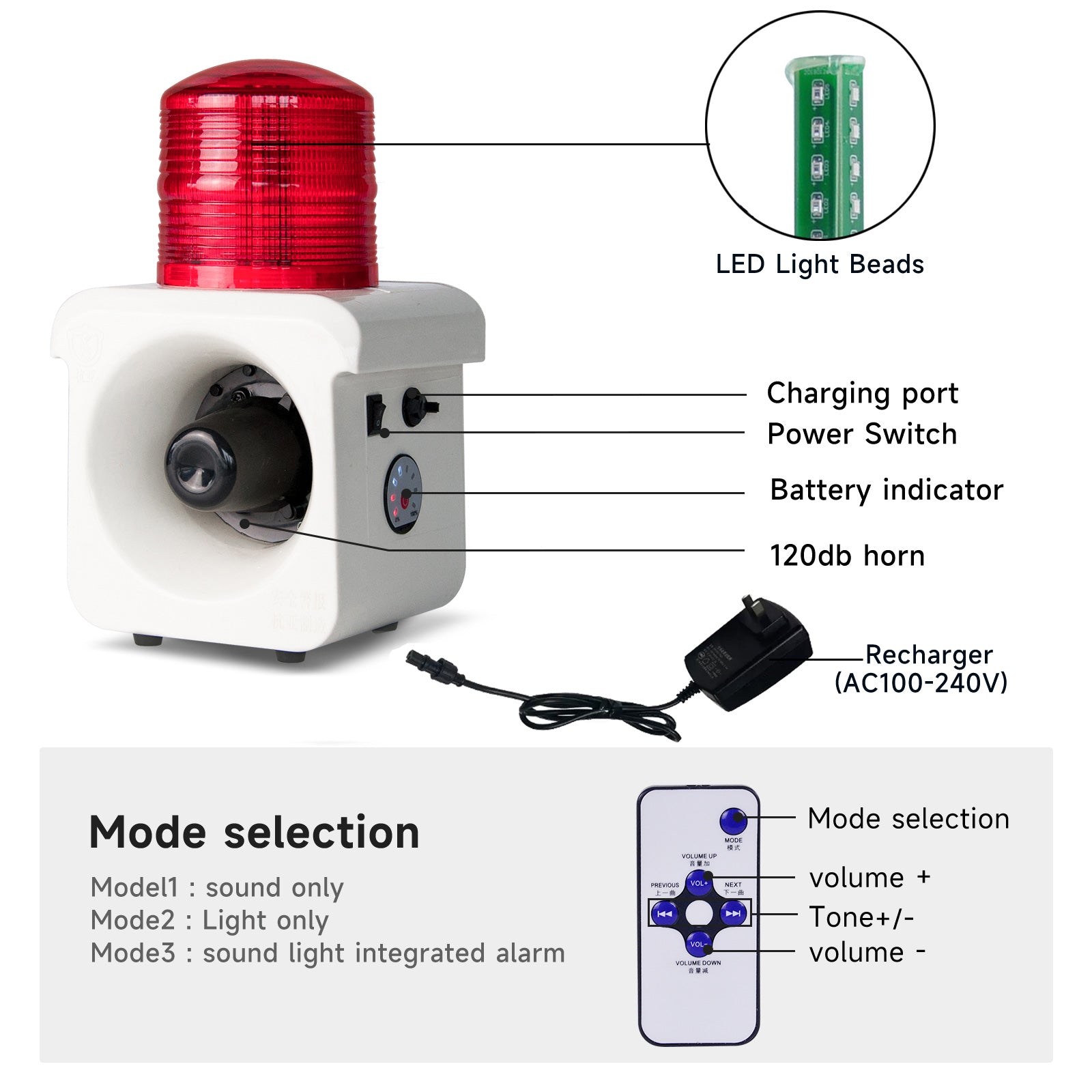 YASONG Alarme portable avec détecteur de mouvement, rechargeable, étanche, 120 dB, 12 tonalités réglables, détecteur de mouvement, sirènes stroboscopiques LED pour maison, ferme, atelier, AC100-240V SLA-800BW