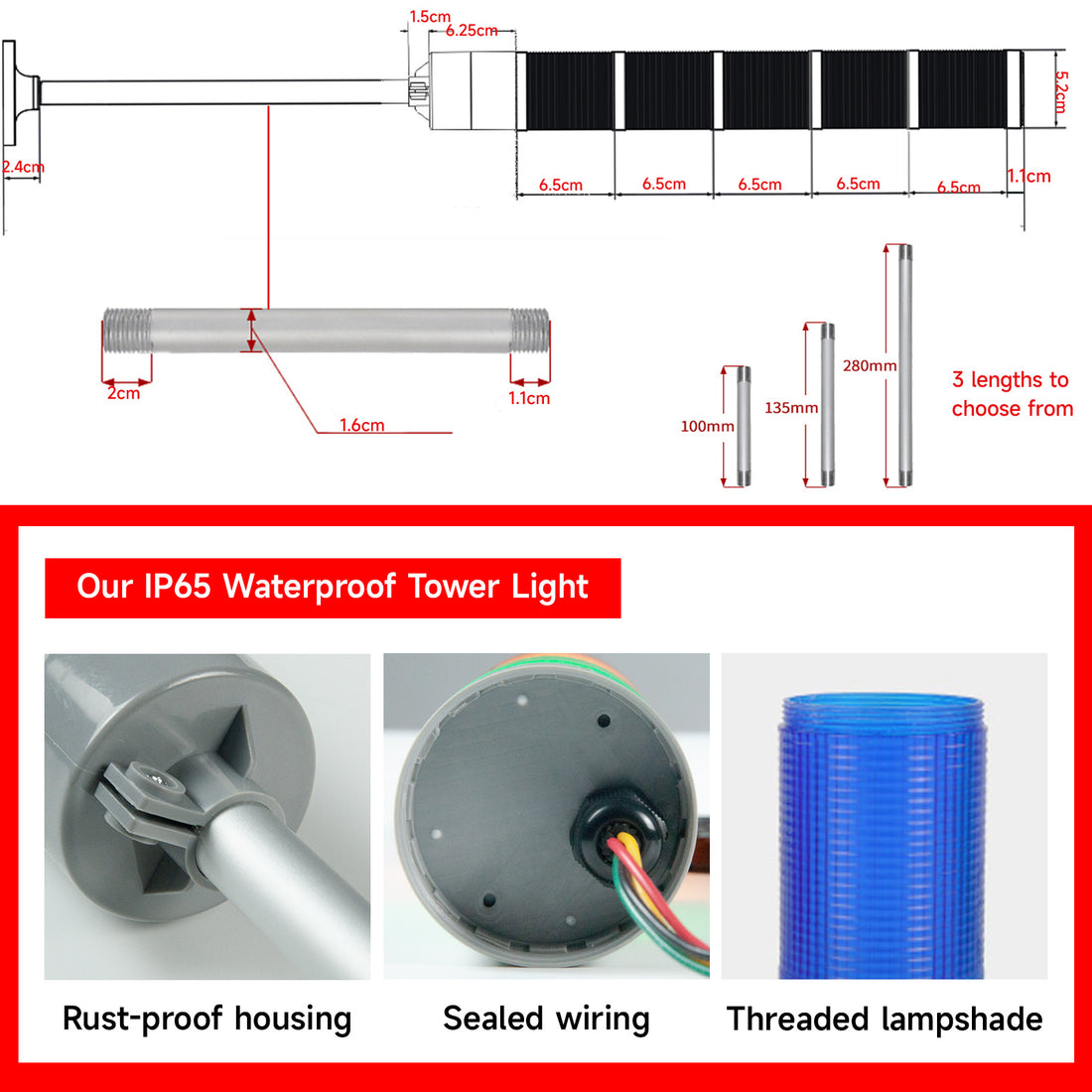 YASONG LTA-052W/T(J) LED Stack Tower Light, 1-5 Layers, IP65, 4 Base Types, Strobe/Steady, Sound Optional