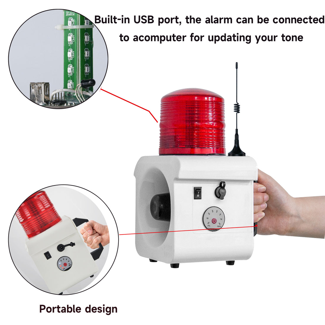 YASONG SLA-800BY 120dB Portable Rechargeable Remote Siren, 500m Range, 2600mAh Battery, 12 Tones, IP65