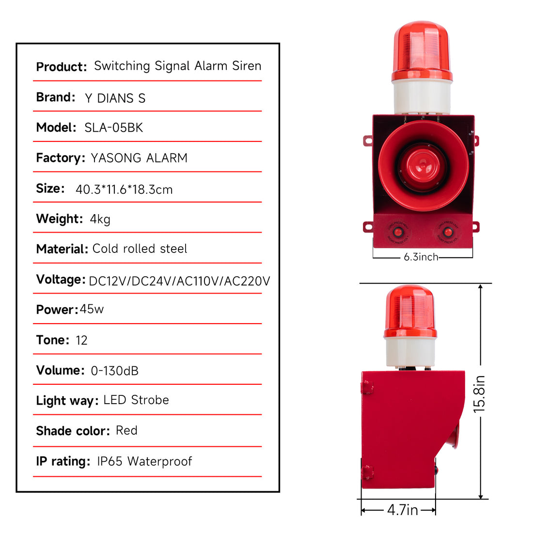 Sirena de alarma discreta para exteriores YASONG 130dB Sirena de alarma de seguridad ajustable por contacto para sensor, control de acceso de entrada, relé o panel de control SLA-05BK