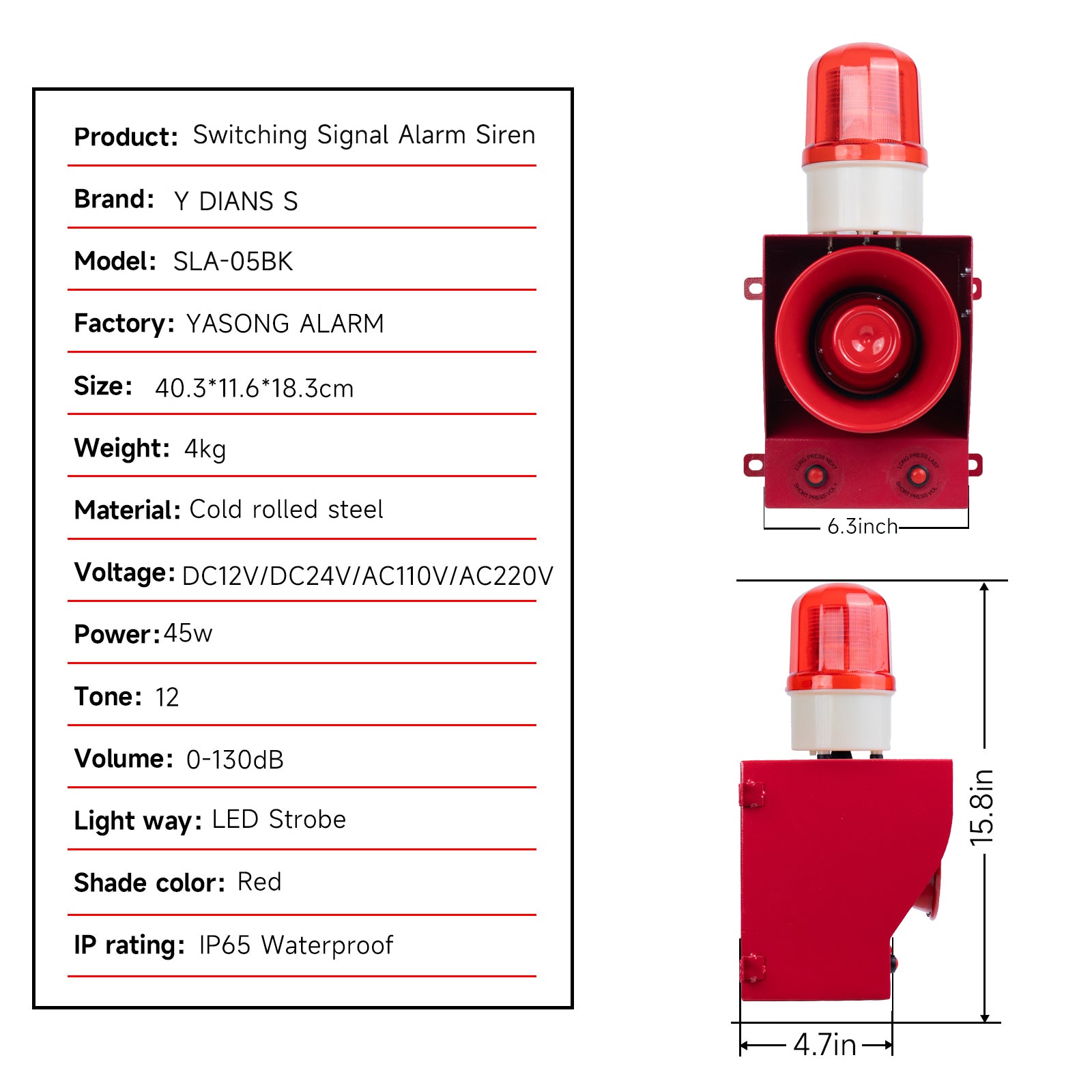 Sirena de alarma discreta para exteriores YASONG 130dB Sirena de alarma de seguridad ajustable por contacto para sensor, control de acceso de entrada, relé o panel de control SLA-05BK