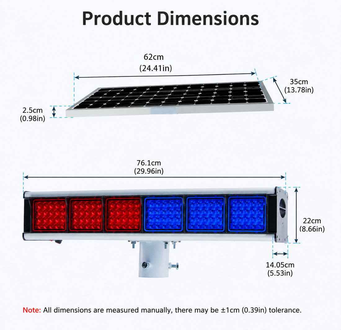 YASONG SLA-X06W 30W Solar Motion Detection Industrial Warning Light, Double-Sided Red Blue Strobe, IP65 Waterproof, 10AH Lithium Battery