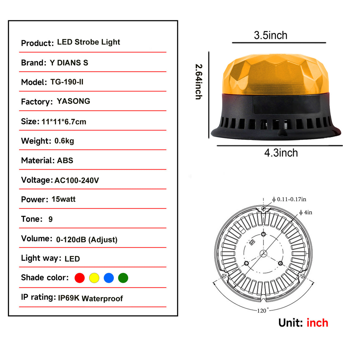 YASONG Luces estroboscópicas IP69K impermeables LED Luz de señalización tipo baliza con bocina de 120dB 2 modos de destello para vehículos, camiones, carretillas elevadoras, talleres DC10V-30V