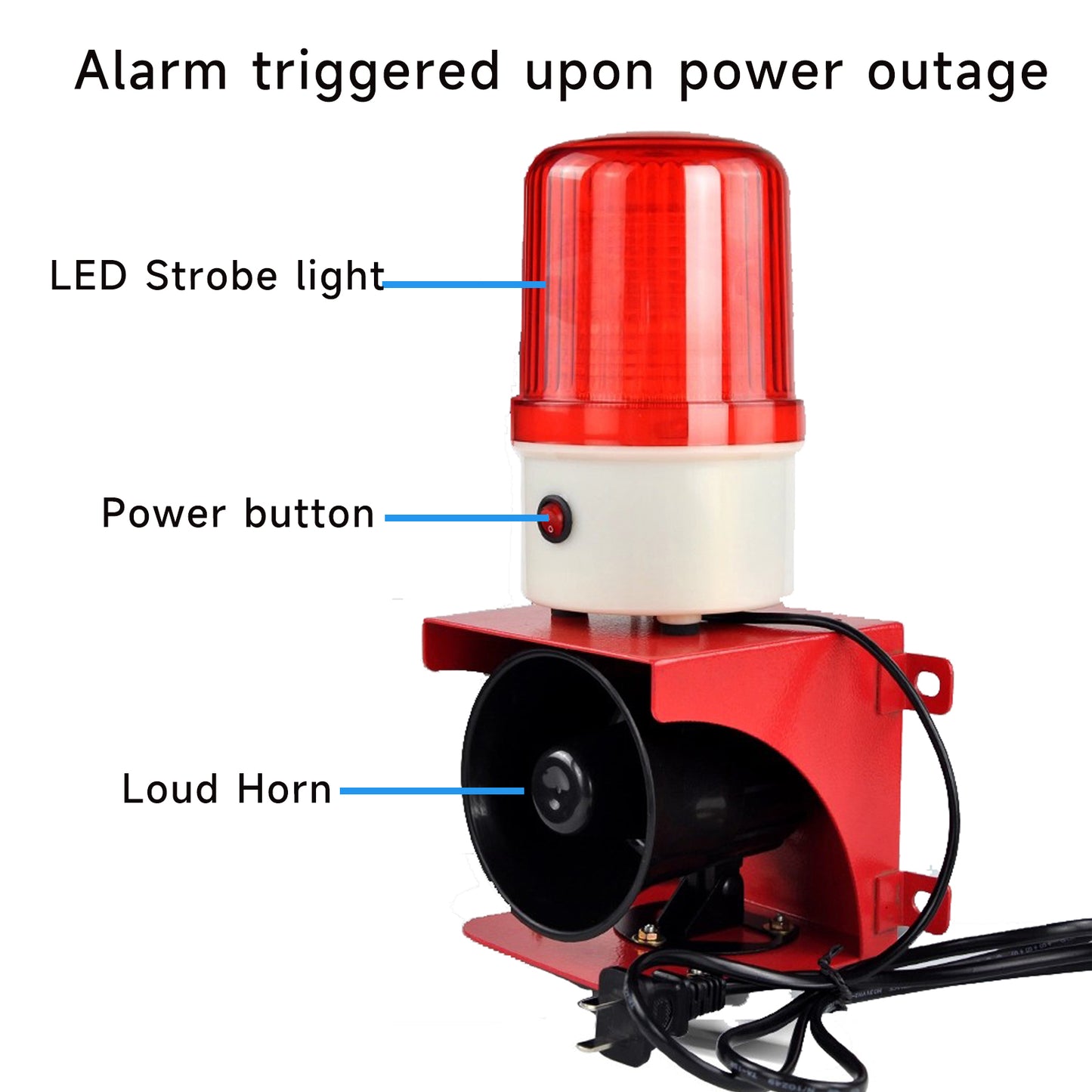 Power Failure Alarm Siren Waterproof 110dB Loud Horn Led Strobe light Power Outage Siren for Farm, Fish Pond, Bank and Security SLA-003